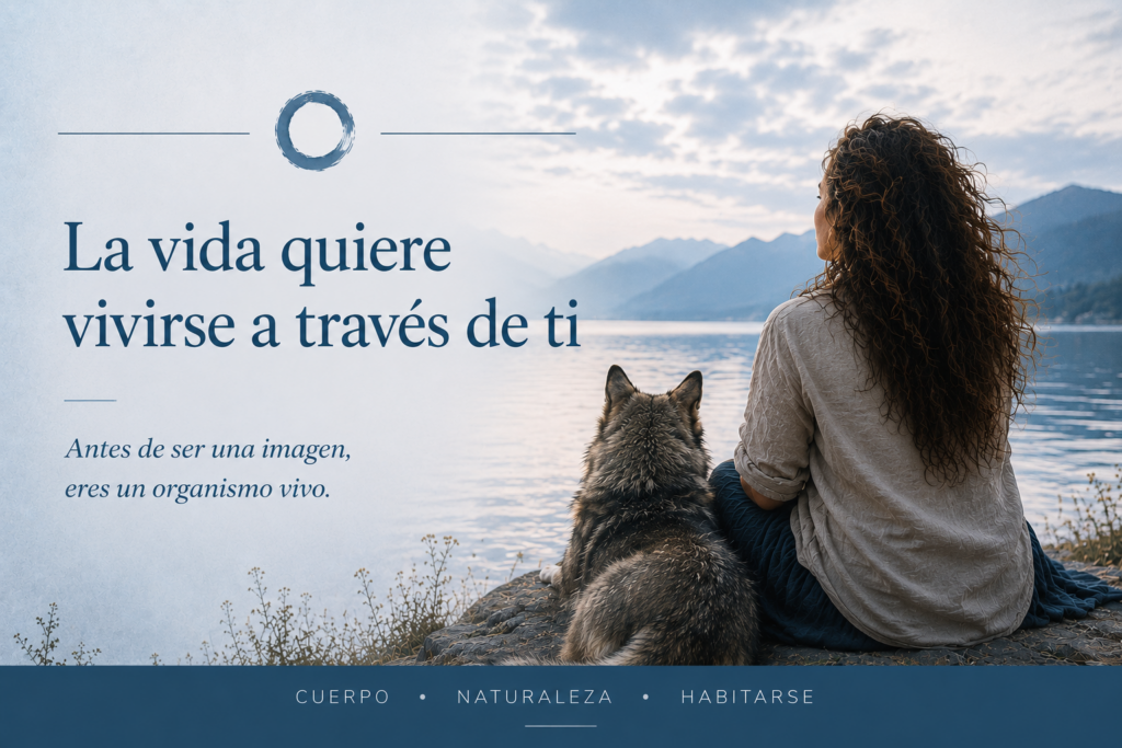 Mujer junto a una loba contemplando el agua. Metáfora de la conexión con el cuerpo , la naturaleza y el regreso a una misma.